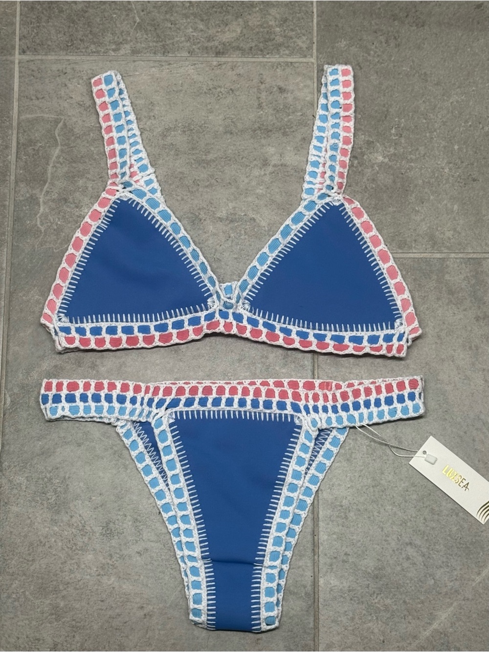 LuxSea Blue Bikini with Pink & Light Blue Crochet Trim